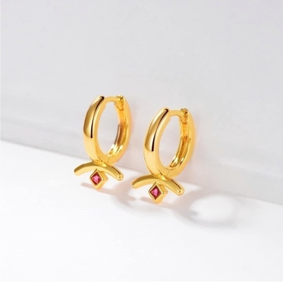 GOLD 14k Gold Plated Purple Cubic Zirconia Hoop Earrings - Picture 1 of 4
